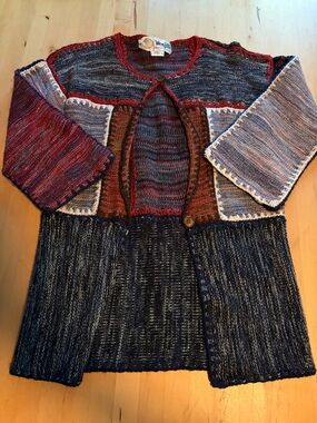 Wenjilli Multicolor Patchwork Knit Cardigan - Red, Blue, Brown